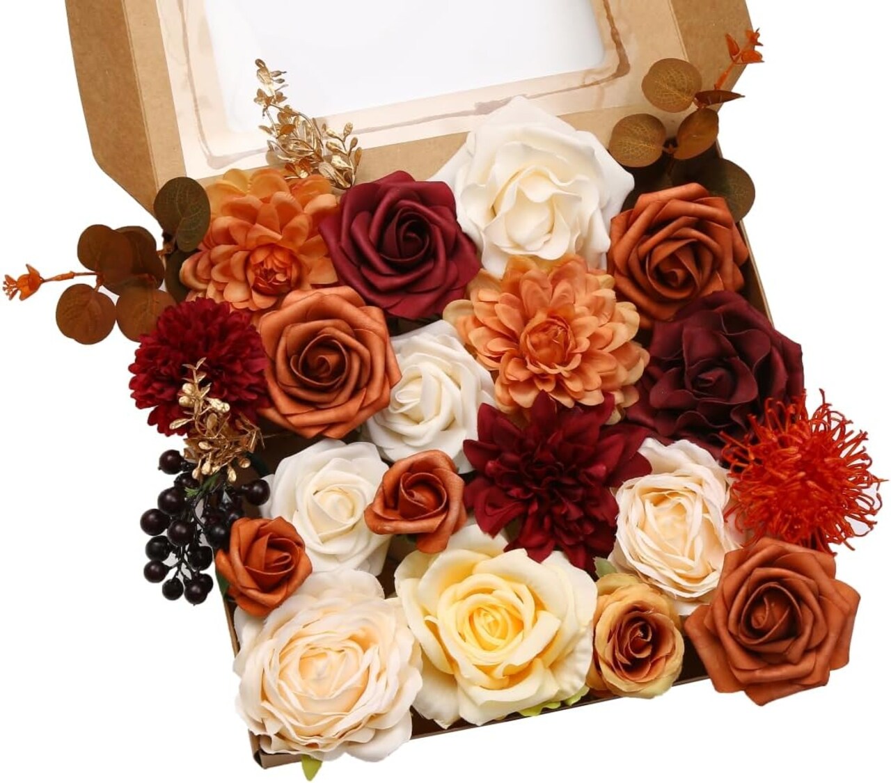 Artificial Flowers Combo Box Orange Burgundy DIY Wedding Bouquet Silk Foam Floral Arrangement Bridal Centerpiece Party Baby Shower Decor Set